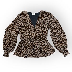 Ember Leopard Print V-Neck‎ Blouse- Long Sleeve- Puff Sleeve- Medium